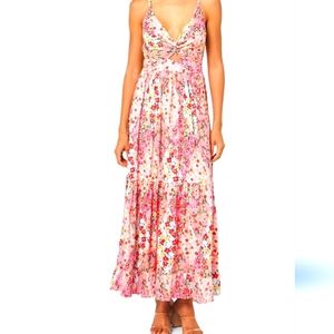 Pink Floral Cutout Midi Dress